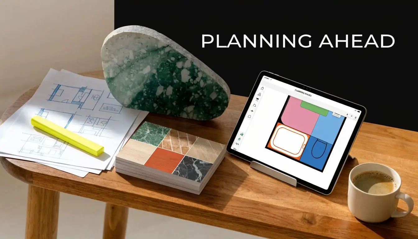A wooden table featuring a tablet with room planning software, architectural sketches, material samples, and coffee.
