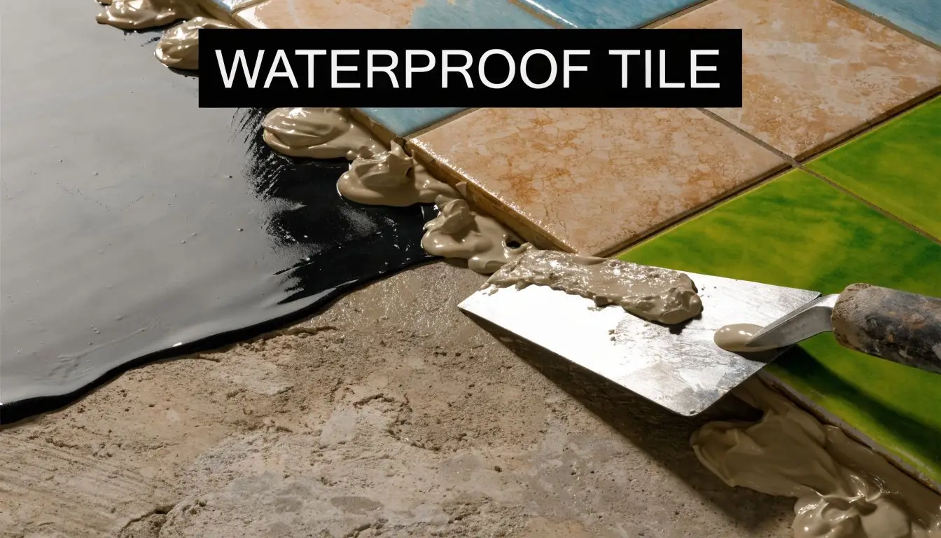 A close-up view of tiles being installed on a floor with waterproof sealant and adhesive paste.