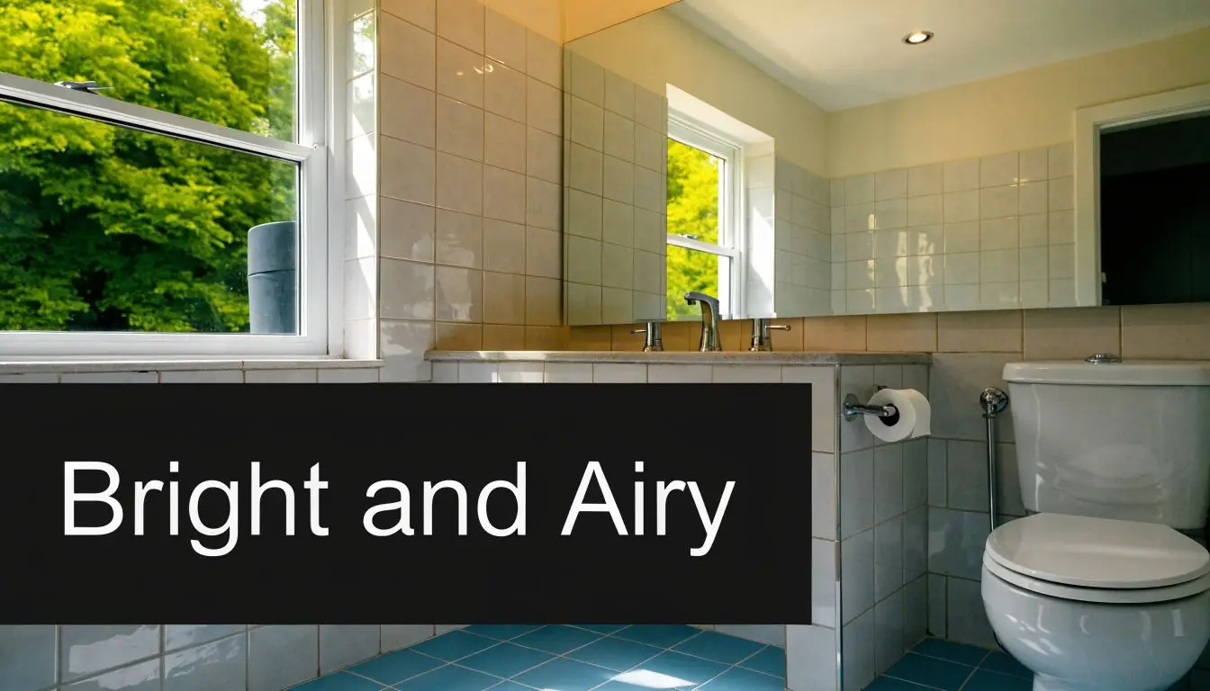 A bright bathroom with light tiles, a window overlooking trees, a vanity, and a white toilet.