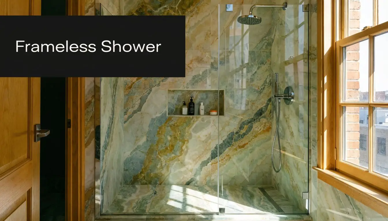 A luxurious walk-in frameless glass shower featuring stunning green and gold marble tiled walls and floor.