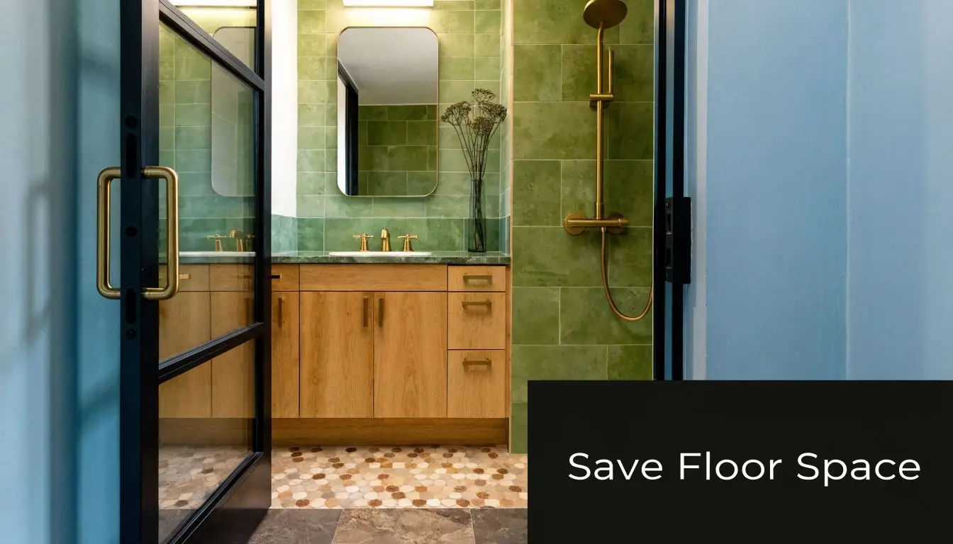 A modern, stylish bathroom featuring green wall tiles, light wood vanity, and a black-framed glass door.