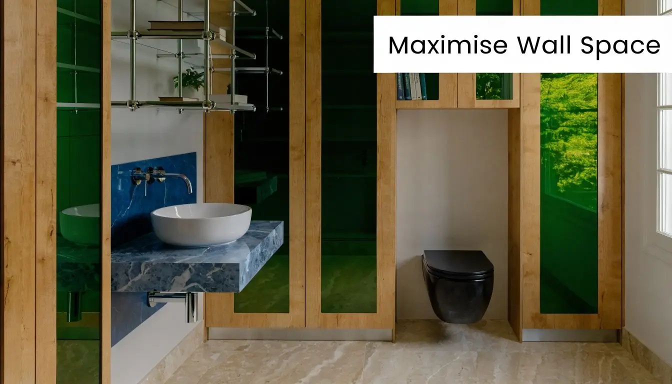 A modern bathroom design featuring a floating sink and toilet with wooden cabinetry and green glass.