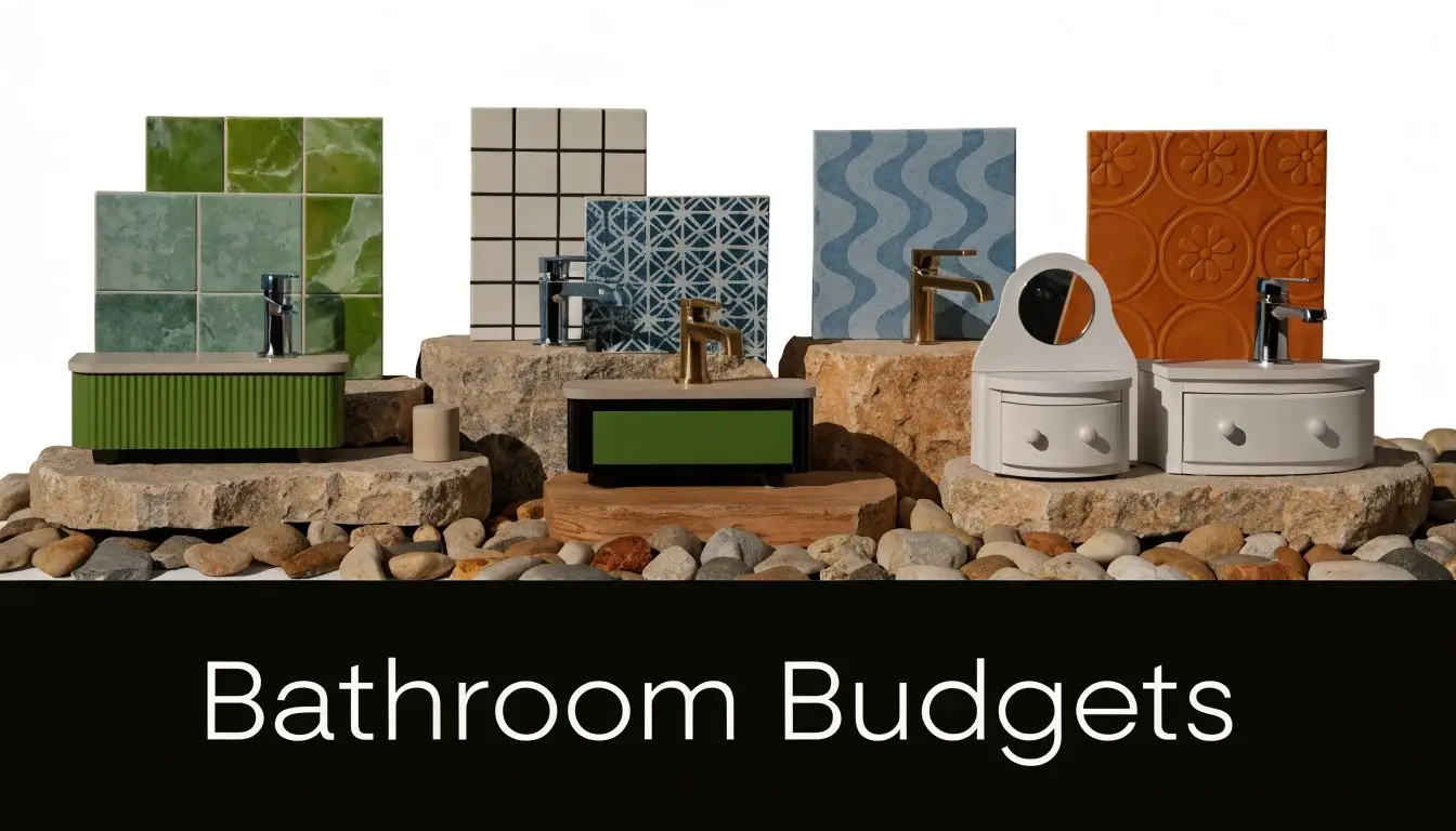 A display of four unique bathroom vanity designs with various tiles arranged on stone pedestals and pebbles.