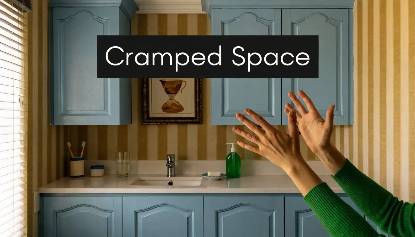 A person gesturing with their hands in a small bathroom with blue cabinets and yellow striped wallpaper.