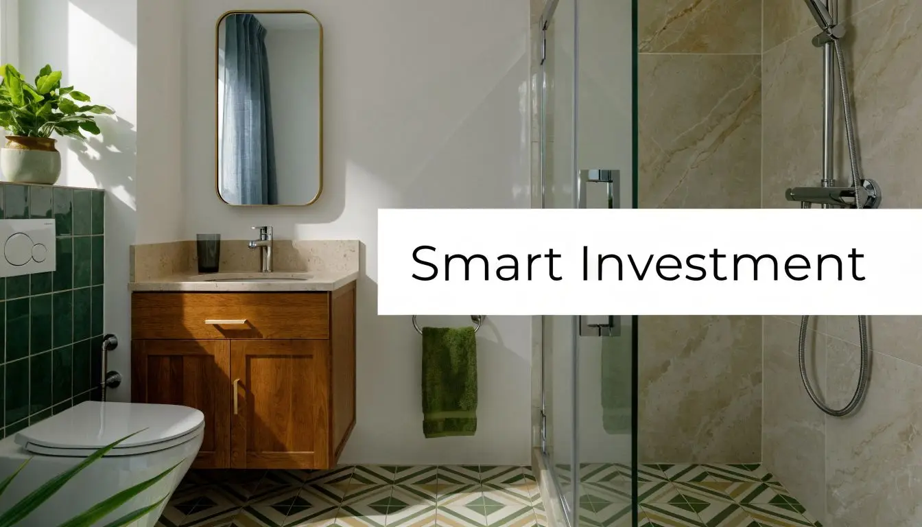 A modern, stylish bathroom featuring a wooden vanity, a walk-in shower, and patterned green floor tiles.