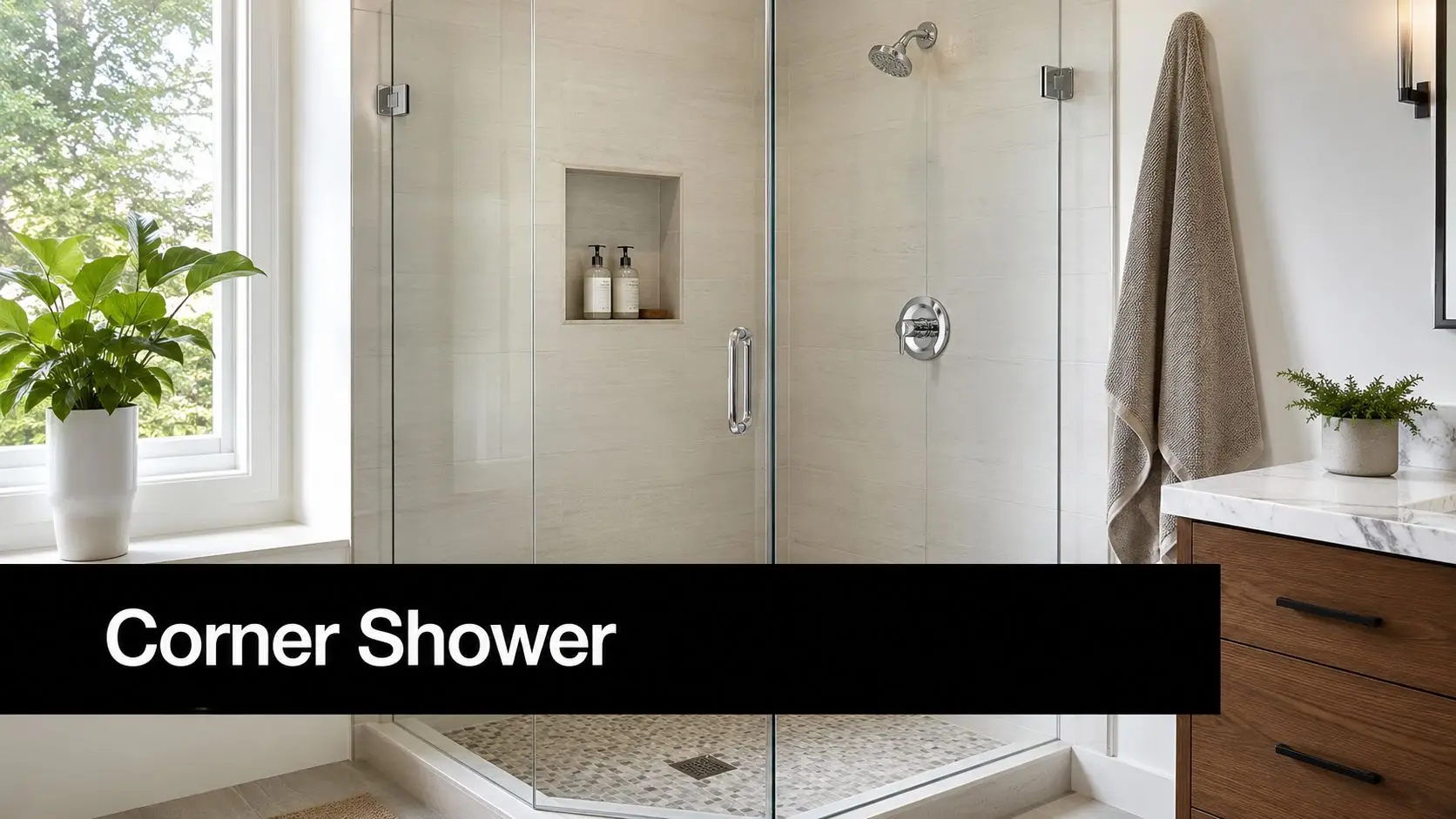 A sleek modern corner shower with glass enclosure in a bright, clean ensuite bathroom featuring wood cabinetry.