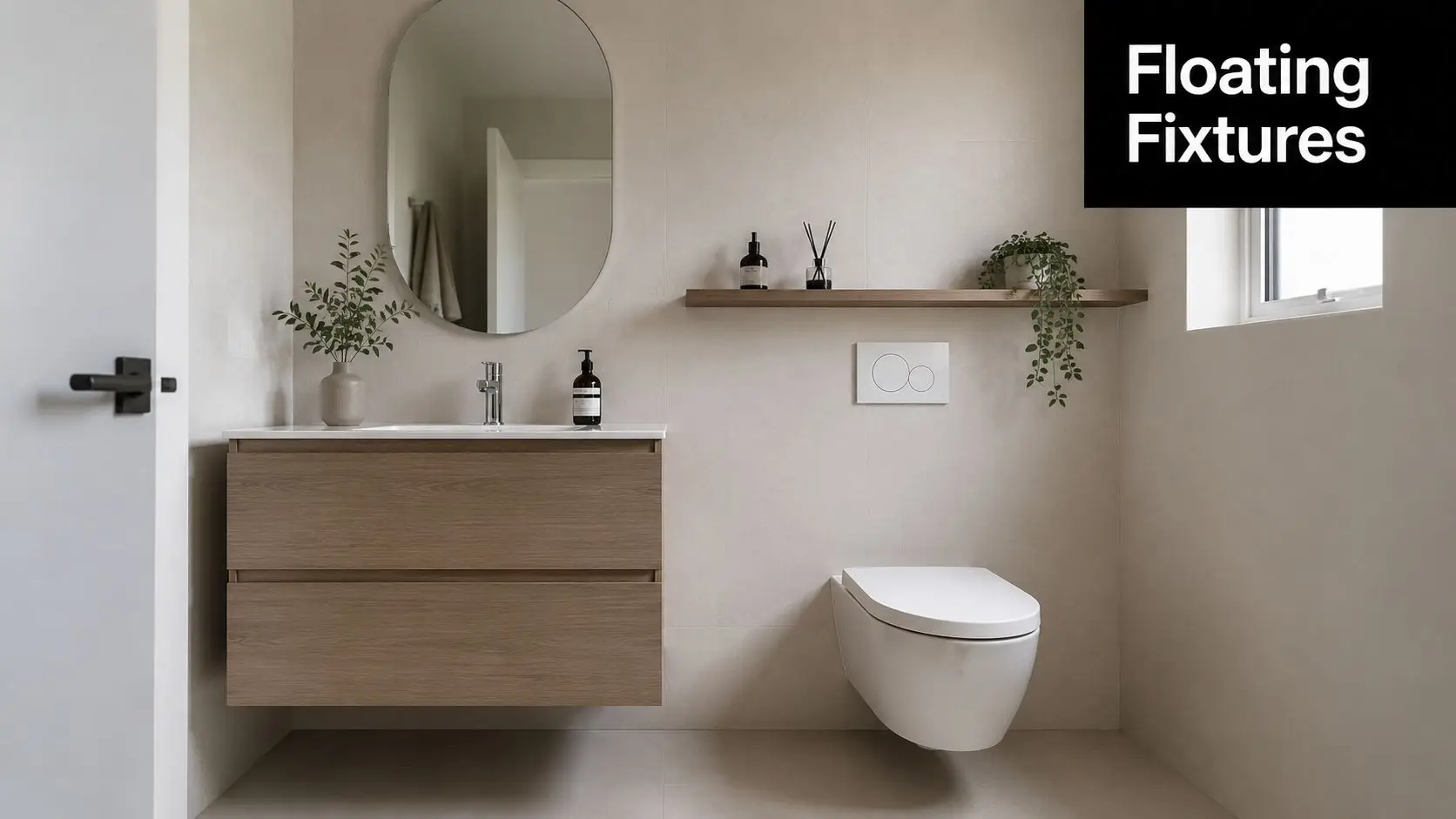 A modern bathroom featuring a floating vanity, wall-mounted toilet, and minimalist neutral decor with wooden accents.