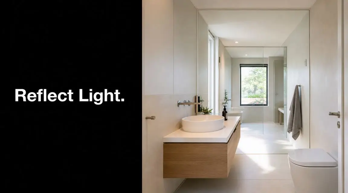 A modern minimalist ensuite bathroom featuring a wooden vanity, floating sink, and a large wall mirror.