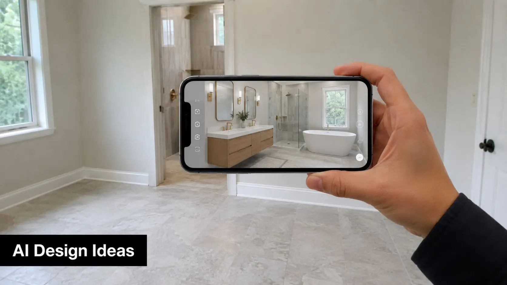 A person holding a smartphone showing a 3D visualization of a modern bathroom design in an empty room.