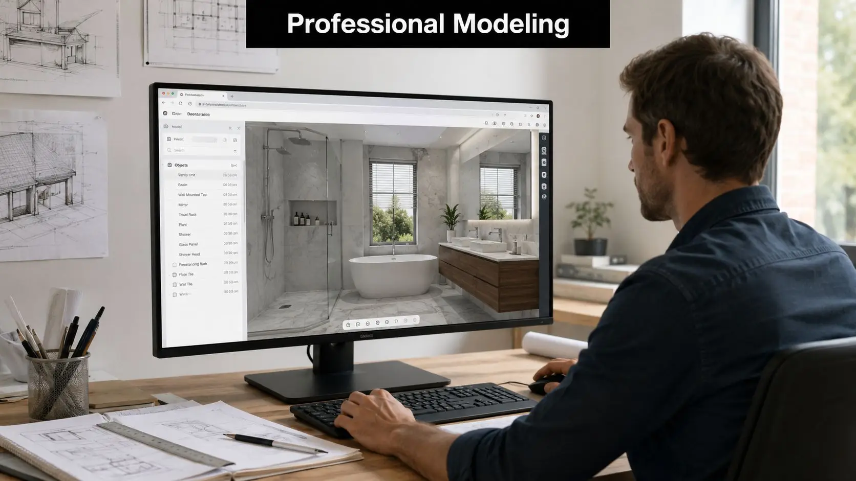A professional interior designer using a computer to create a 3D bathroom model in an office.