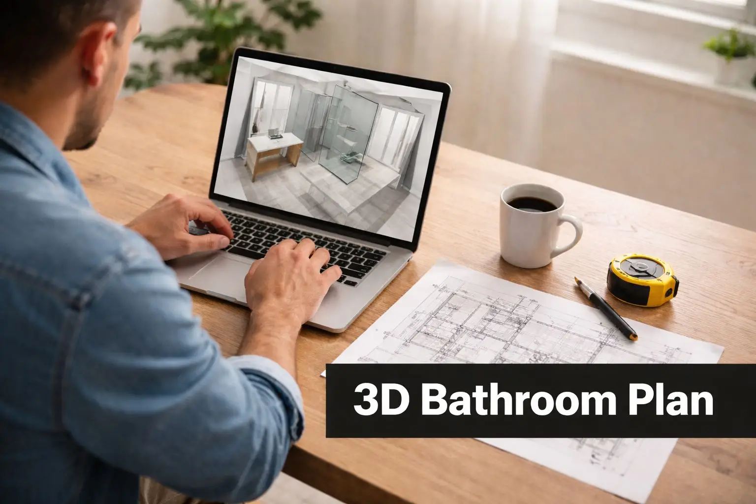 A designer using a laptop to view a 3D bathroom interior design plan with blueprints nearby.