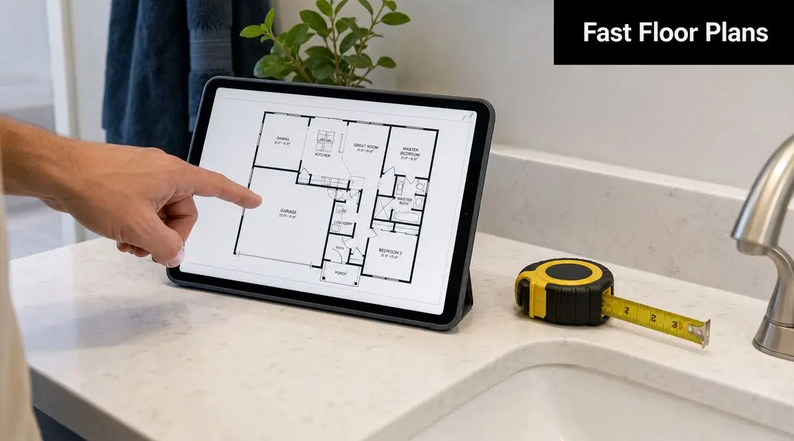 A person using a digital tablet to view a floor plan in a modern bathroom setting.