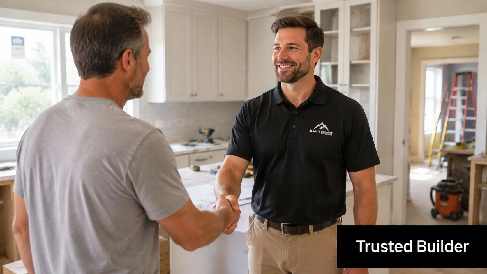 A professional builder in a black shirt shaking hands with a client during a home renovation project.