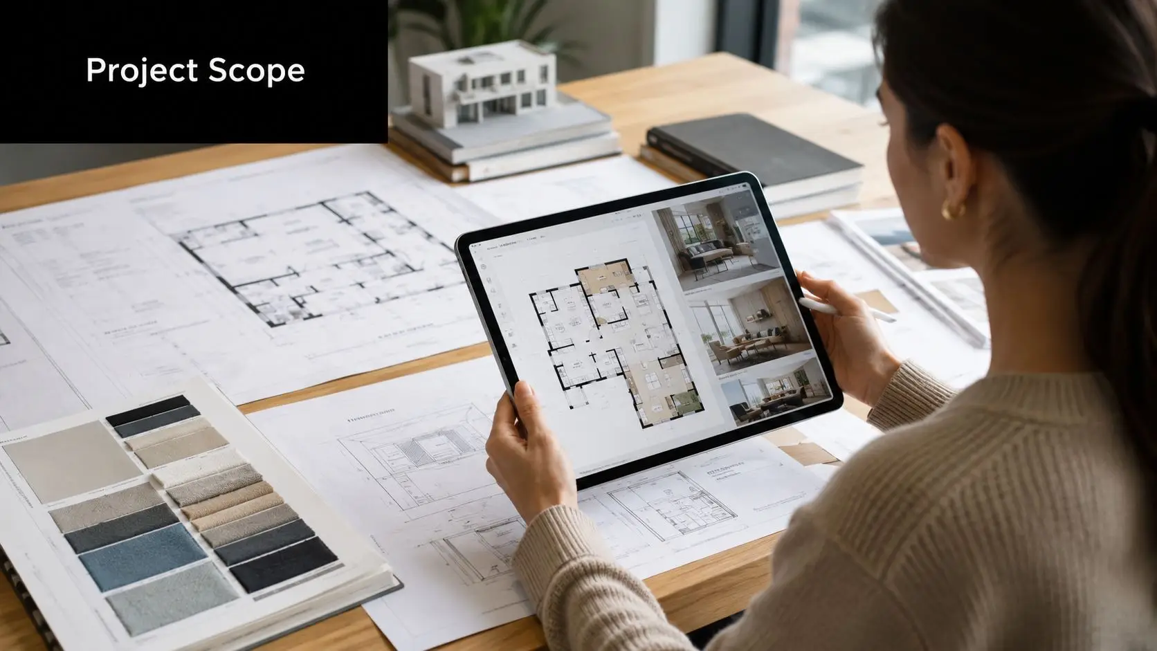 A professional interior designer reviews architectural floor plans and fabric swatches on a tablet and paper.