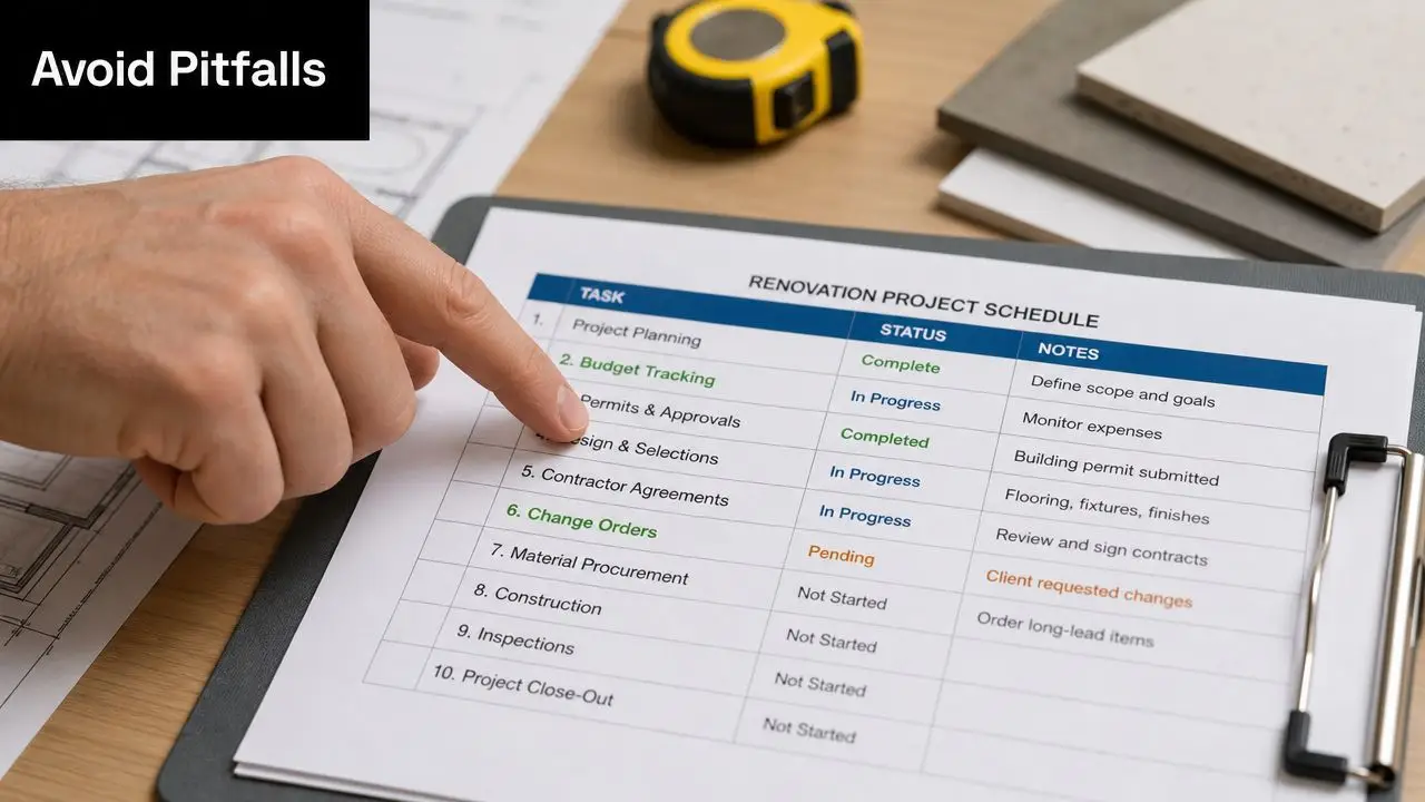 A hand pointing to a renovation project schedule list on a clipboard on a wooden desk.