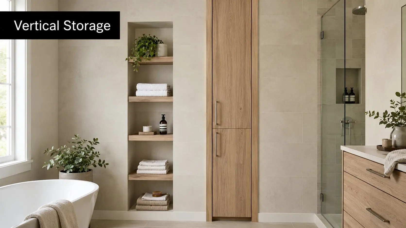 A modern bathroom features a tall wooden storage cabinet and built-in wall shelves with white towels and decor.