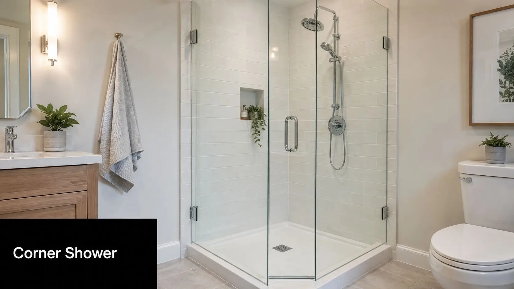 A modern, bright bathroom interior featuring a corner shower with glass walls and light beige subway tiles.