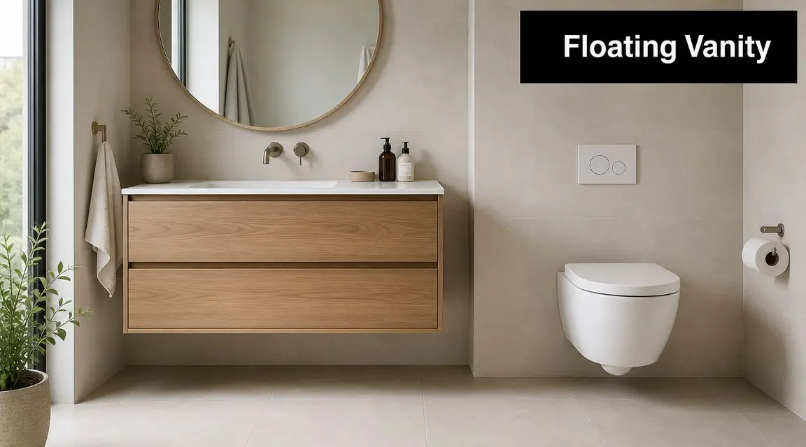 A modern bathroom with a floating wood vanity, circular mirror, and wall-mounted toilet on beige tiled walls.
