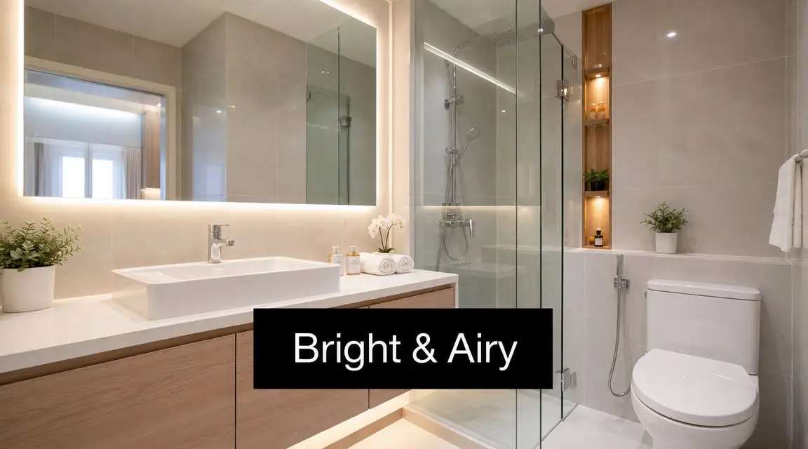 A modern, bright, and airy bathroom featuring a wooden vanity, a sleek sink, and a glass-enclosed shower.