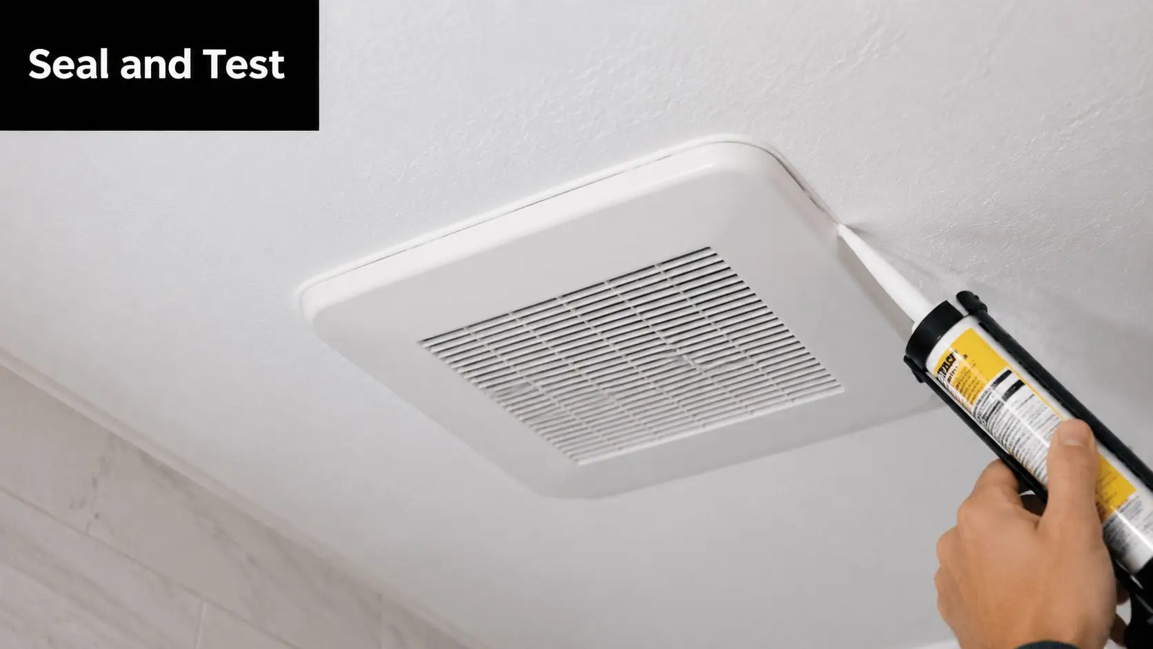 A person applying white sealant to the edges of a bathroom ceiling exhaust fan with a caulk gun.