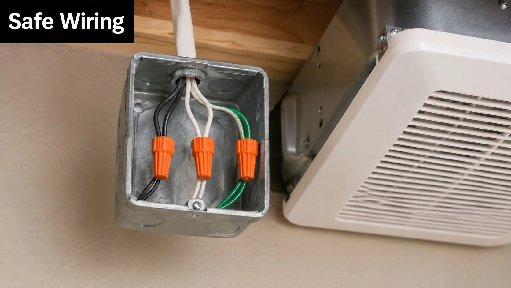 A close-up view of electrical wiring inside a metal junction box for a bathroom exhaust fan.