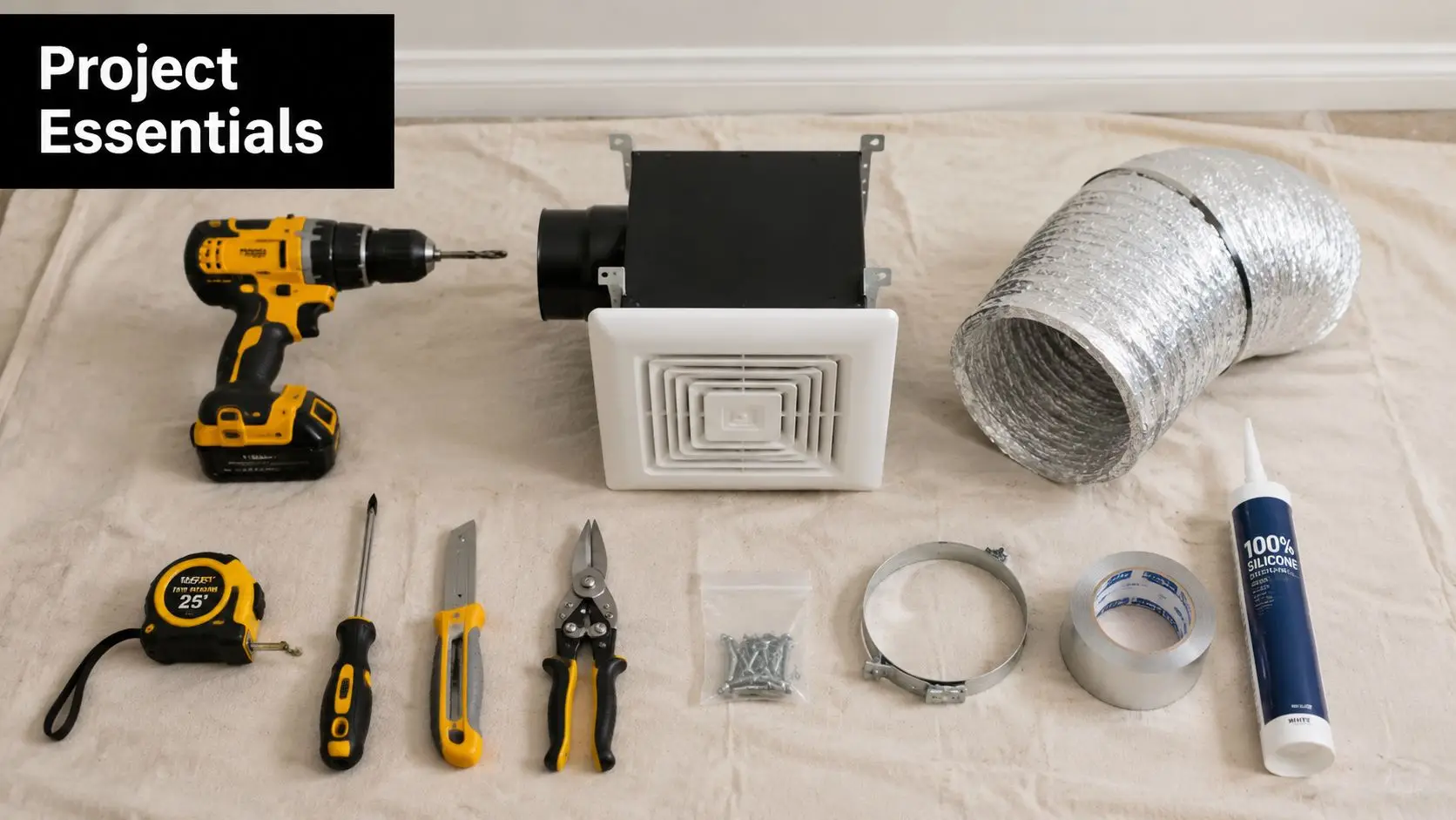 Tools and materials laid out for a bathroom exhaust fan installation project on a drop cloth background.