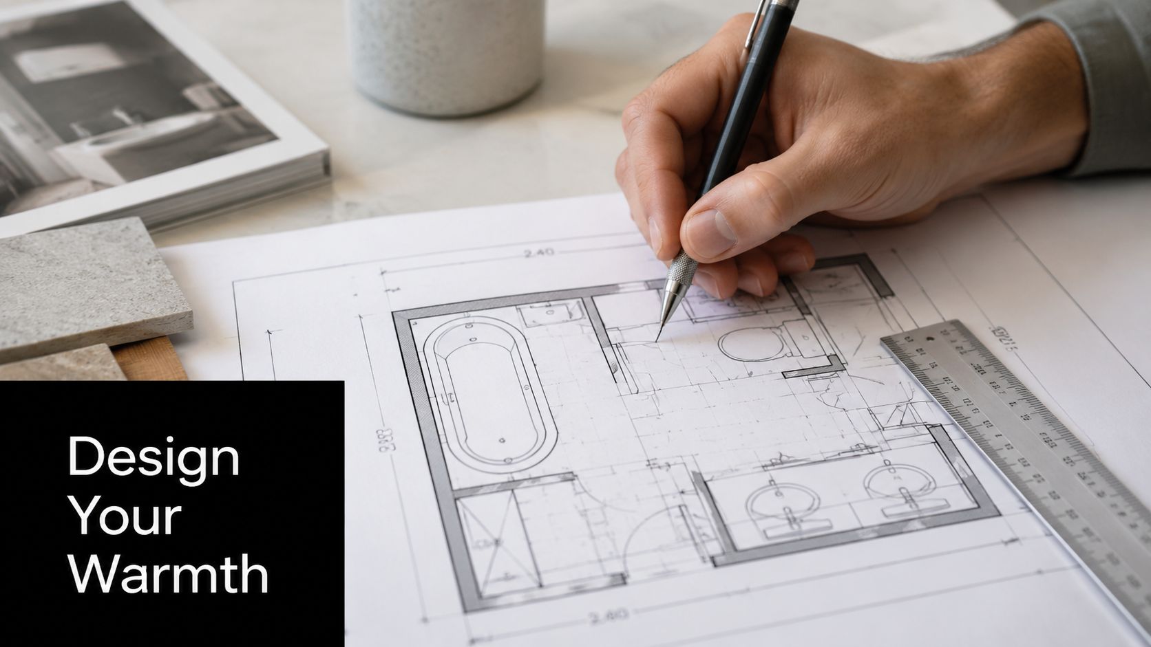 A professional interior designer uses a pencil and ruler to carefully mark up a bathroom blueprint.