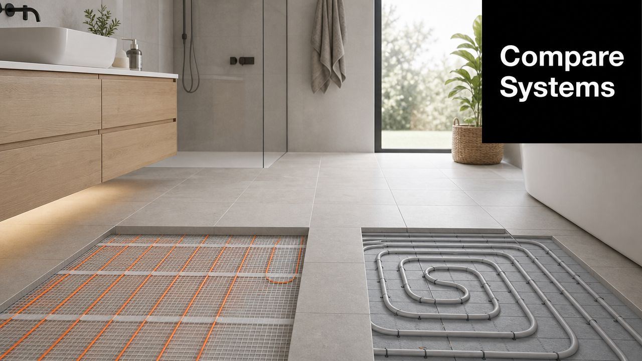 A split view showing electric underfloor heating mats and water-based pipe systems installed under bathroom floor tiles.