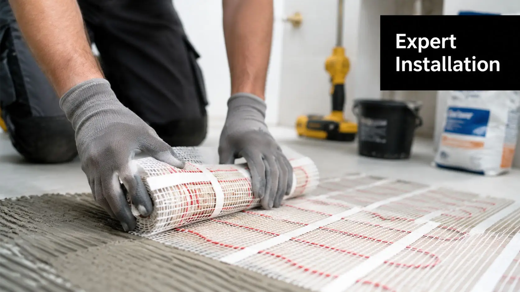 A professional installer lays down electric radiant floor heating mesh on a freshly applied layer of adhesive.