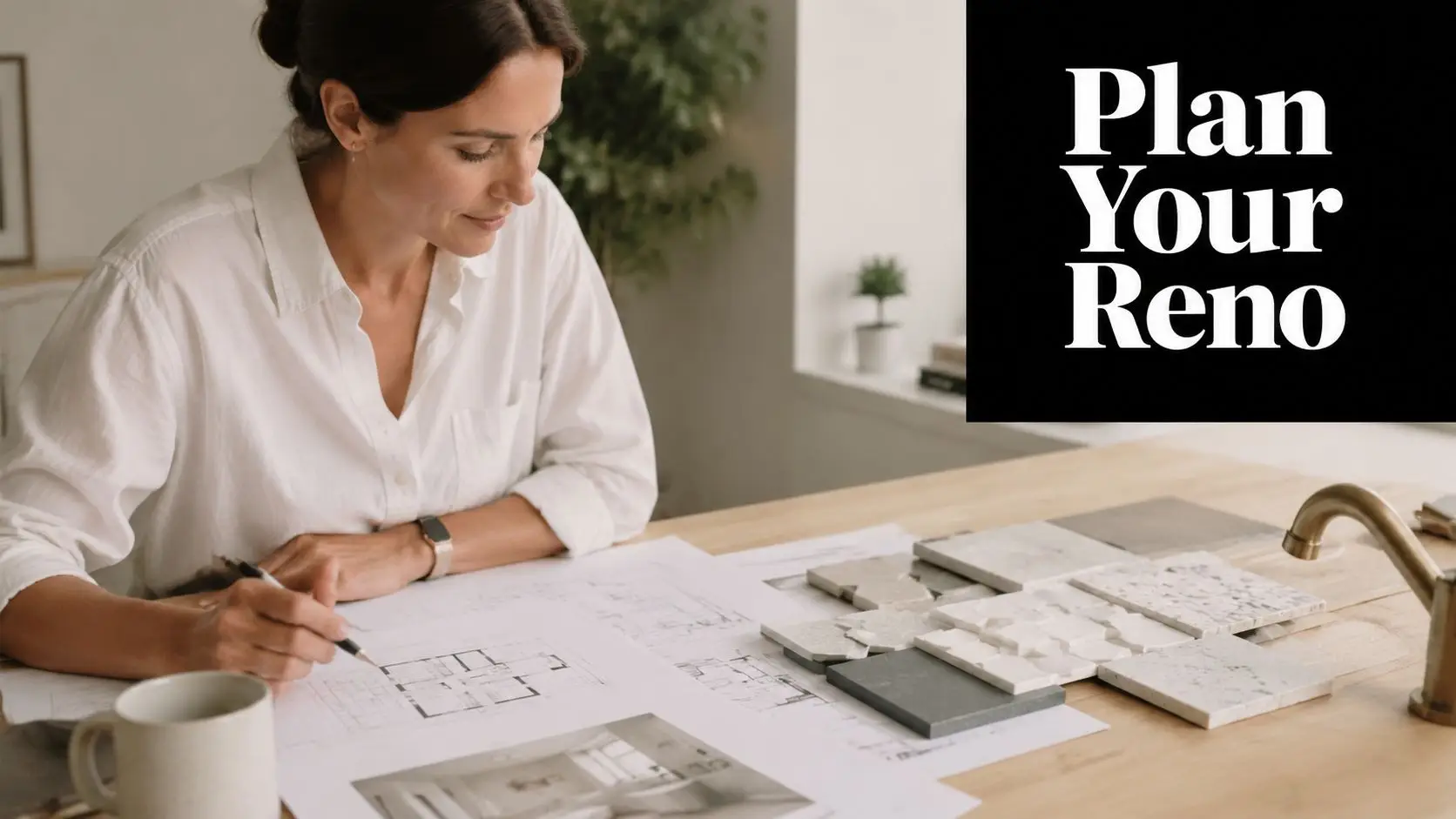 A woman sketching architectural renovation plans for a home remodel while examining various stone tile samples.