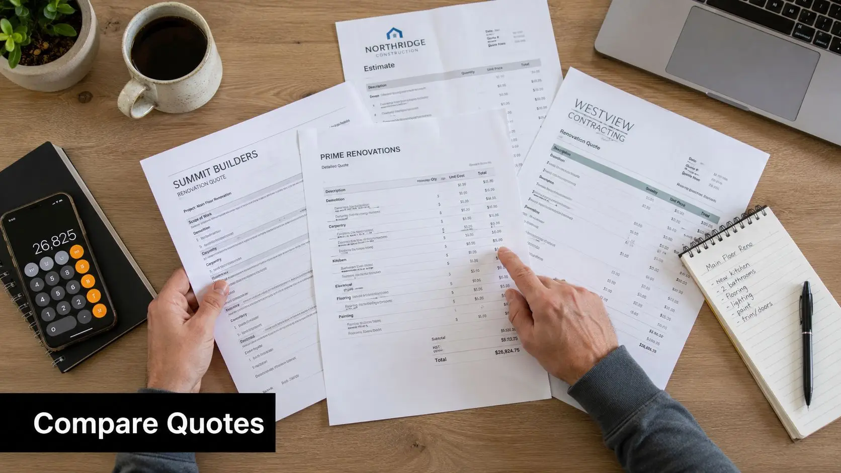 A person comparing various contractor renovation quotes and cost estimates on a wooden desk with a calculator.