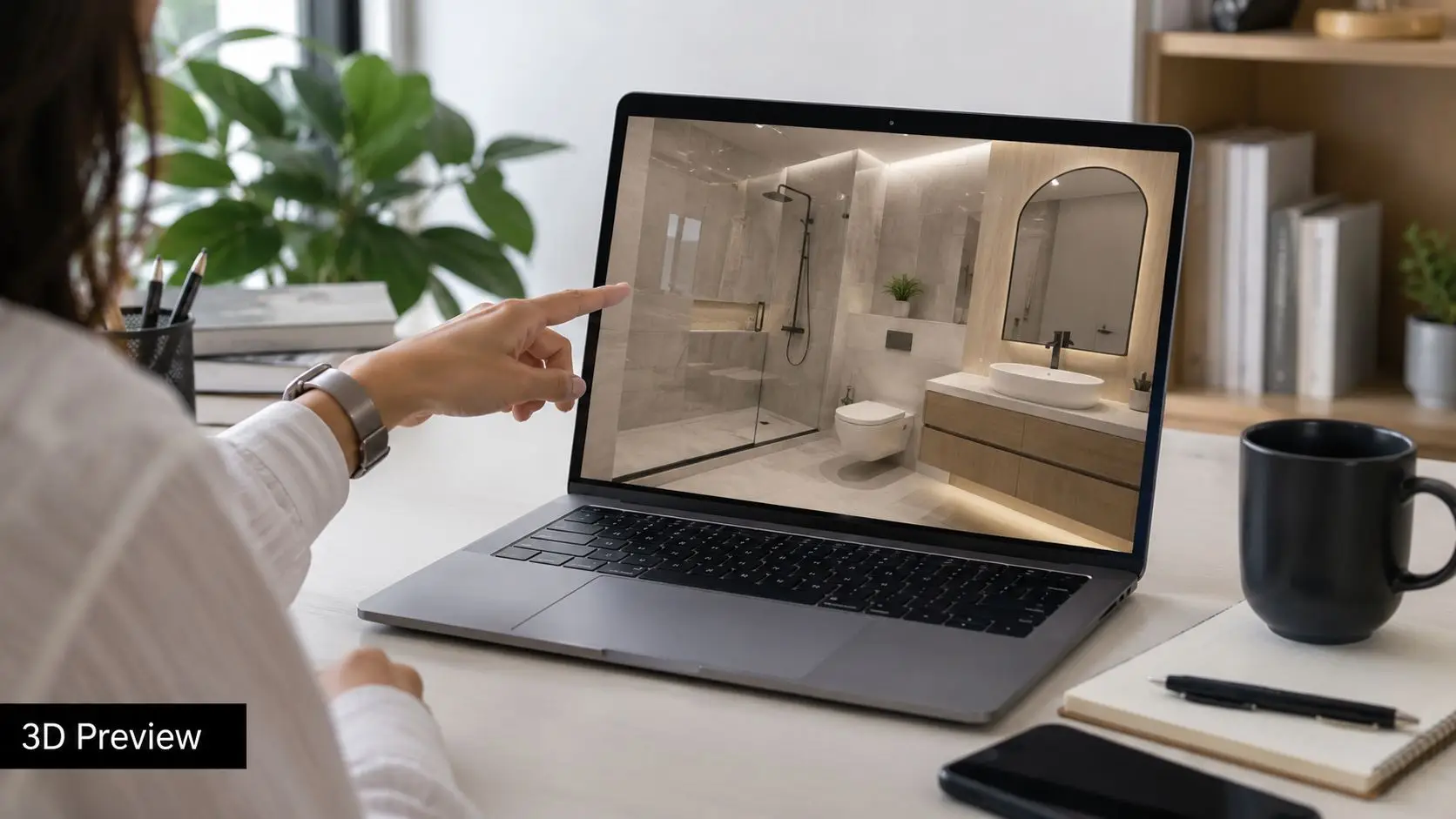 A person pointing at a laptop screen showing a modern 3D interior design bathroom renovation project.