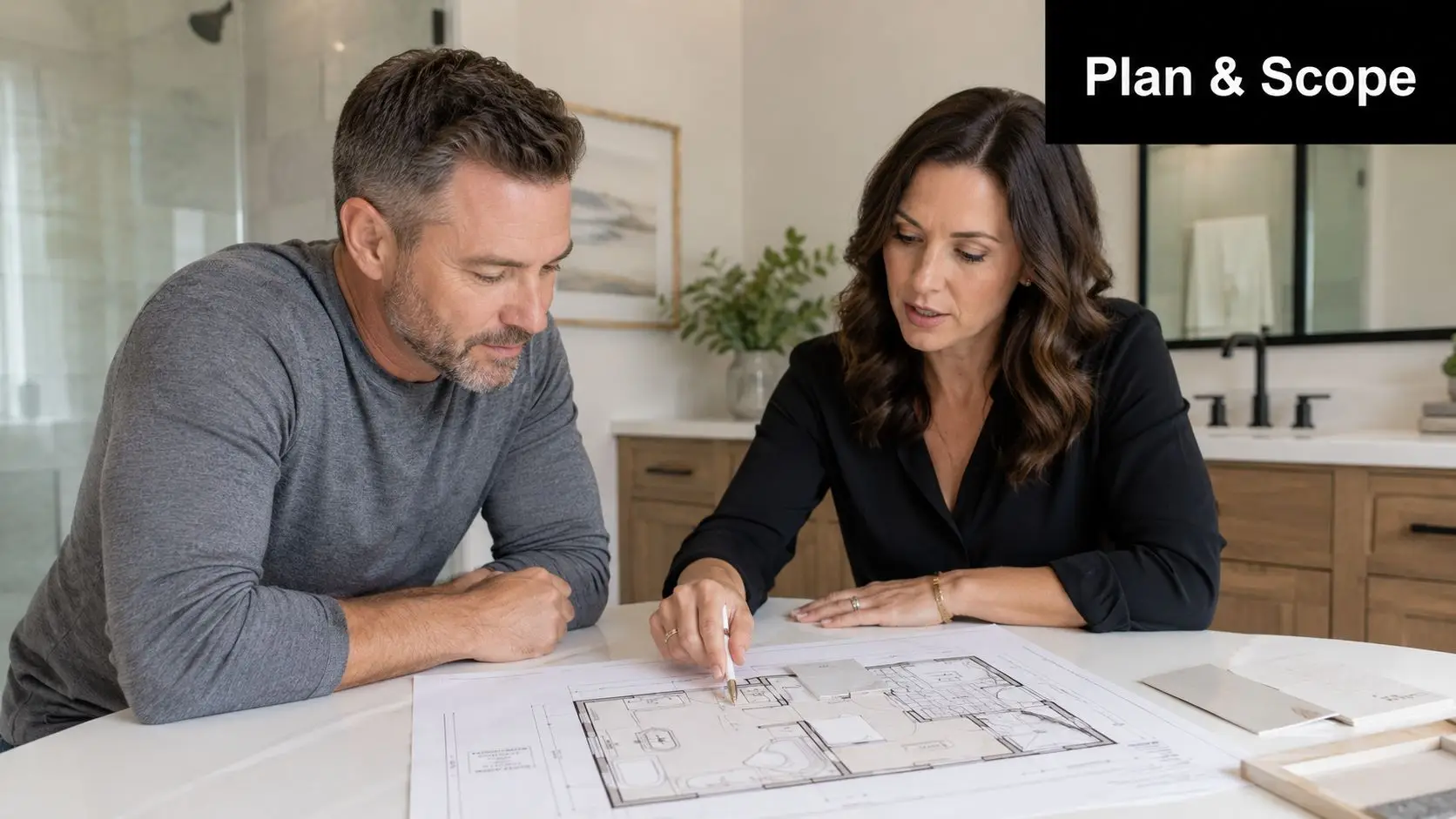 A man and woman review bathroom renovation blueprints while sitting at a table together.