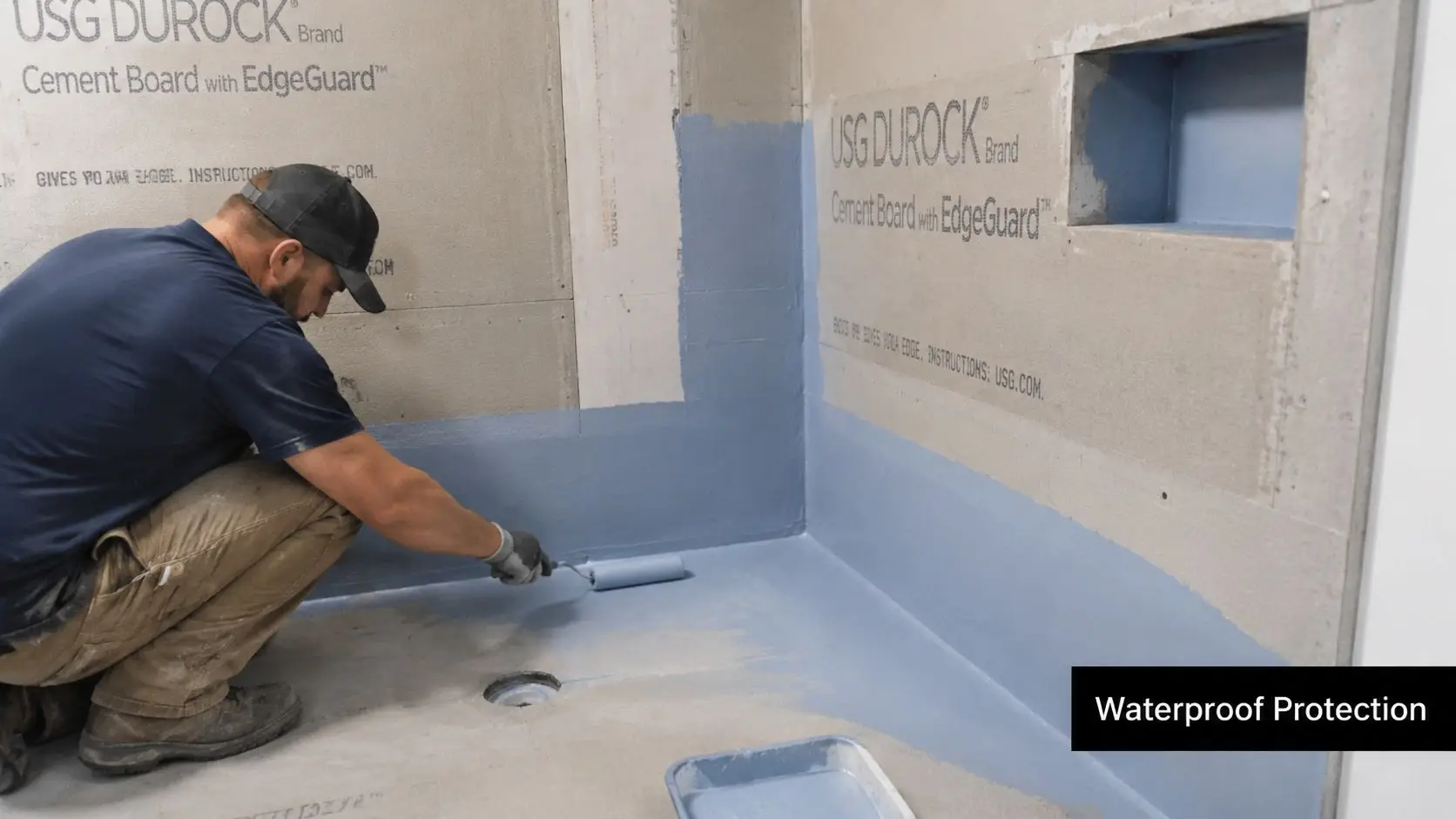 A professional construction worker applying blue waterproof coating to shower floor and walls using a paint roller.