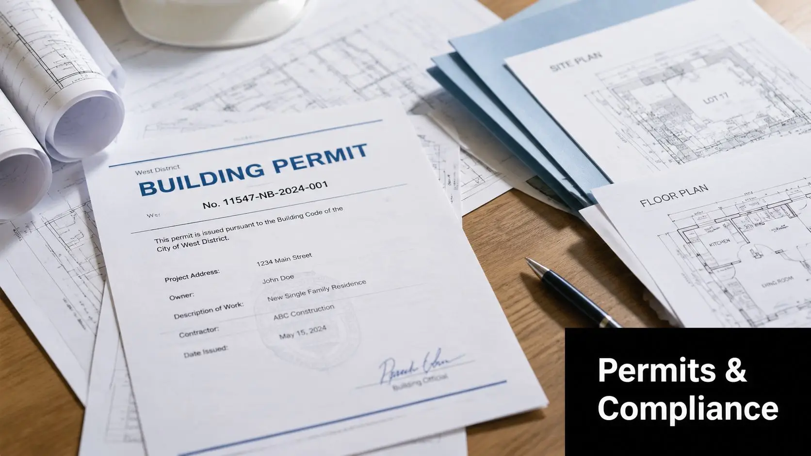 A building permit document rests on a table next to architectural blueprints and a pen.