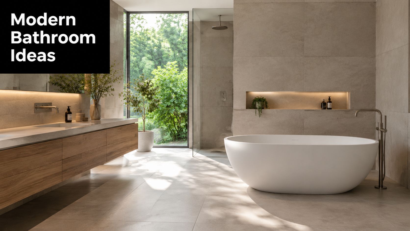 A modern luxury bathroom featuring a floating wooden vanity, white freestanding bathtub, and floor-to-ceiling nature view windows.