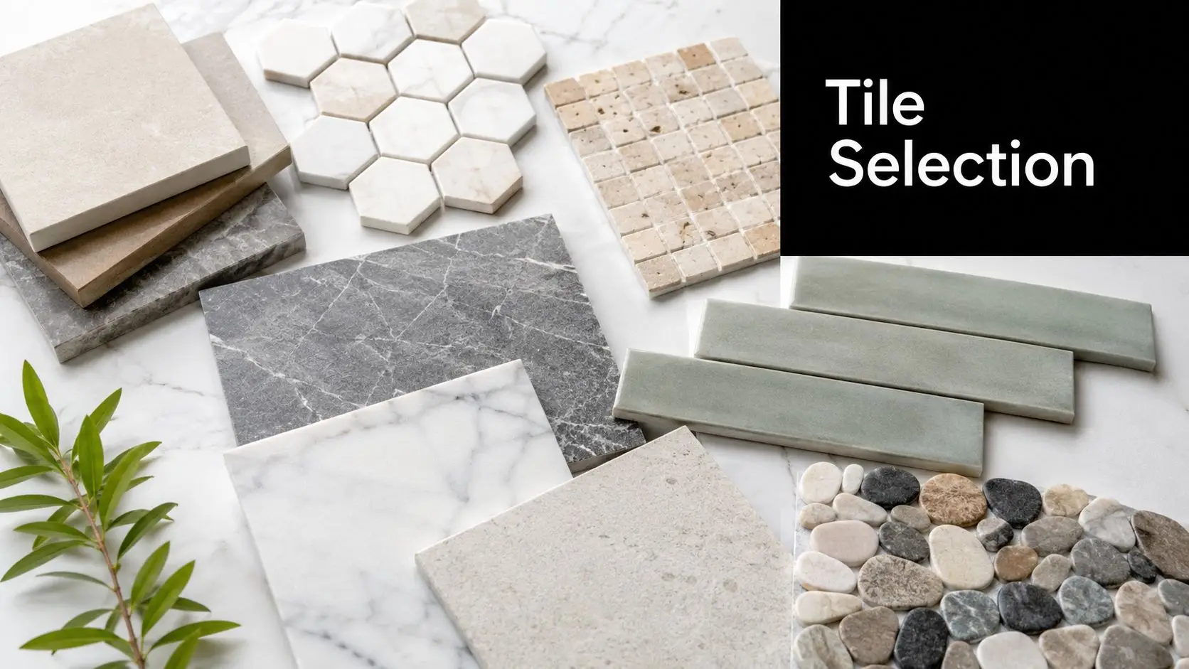 An array of various tile samples including marble, stone, and ceramic displayed on a white surface.