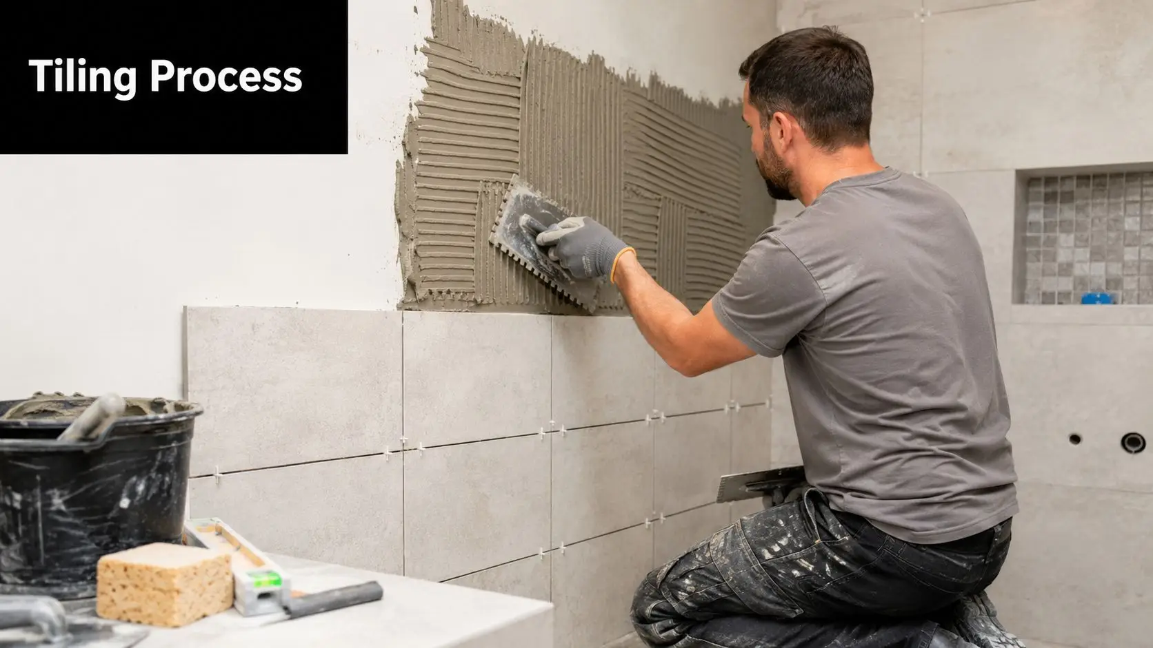 A professional tiler applying mortar to a bathroom wall using a notched trowel before setting tiles.