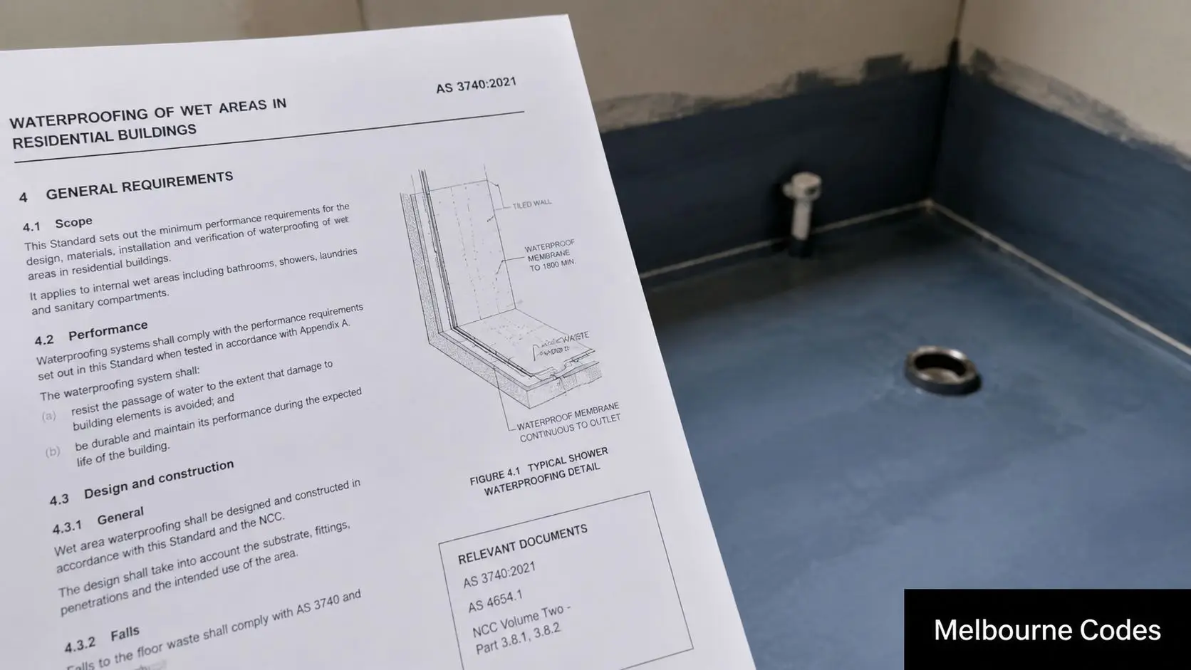 A close-up view of a bathroom renovation showing a waterproofed floor membrane next to a printed standard document.