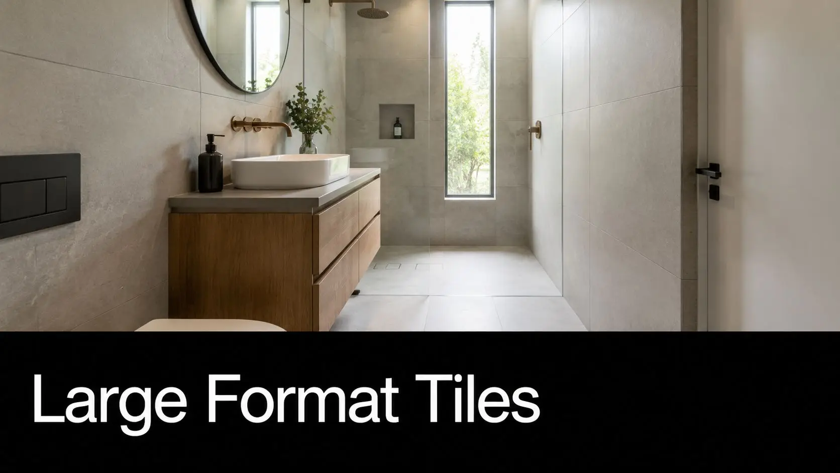 A modern, minimalist bathroom featuring large format gray stone tiles, a wooden vanity, and a glass shower.