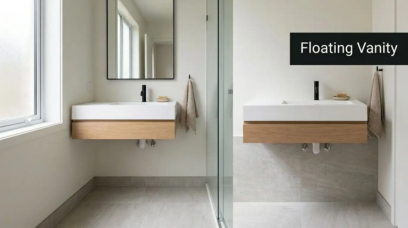 A modern bathroom featuring a floating wooden vanity with white countertop and black faucet in bright space.