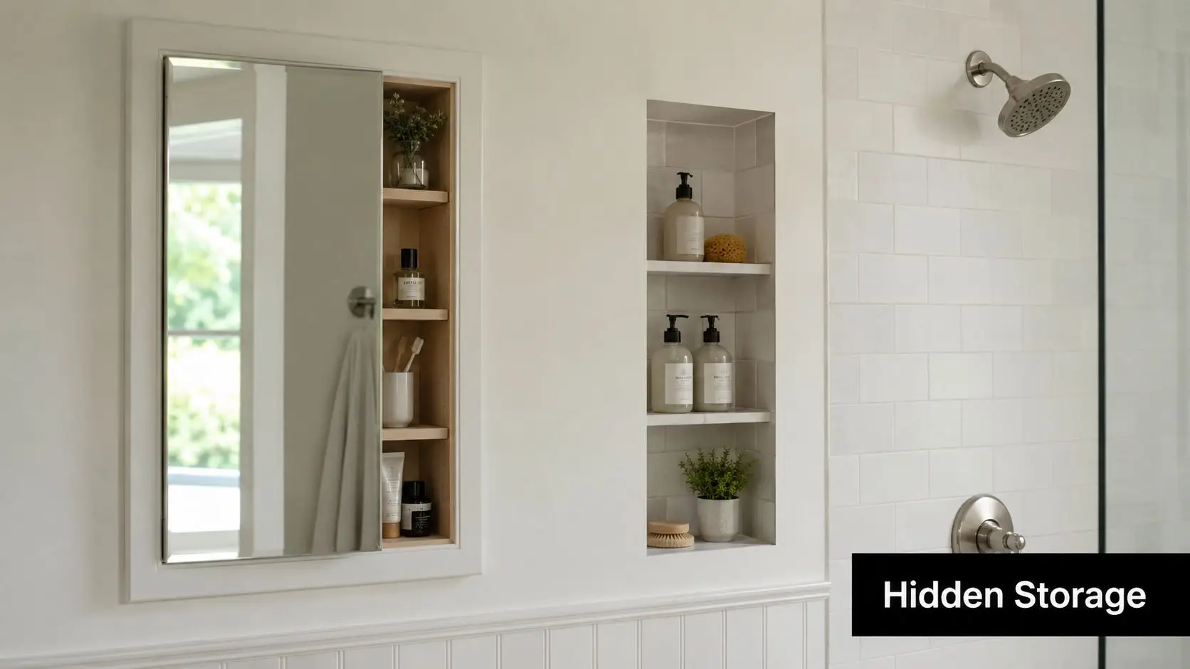 A bathroom wall featuring a recessed medicine cabinet and built-in wall niches for compact and functional storage.