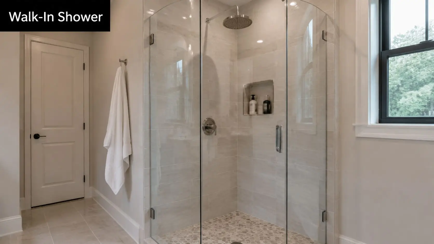 A modern walk-in shower with glass doors, pebble floor tiling, and neutral-colored stone walls in a bathroom.