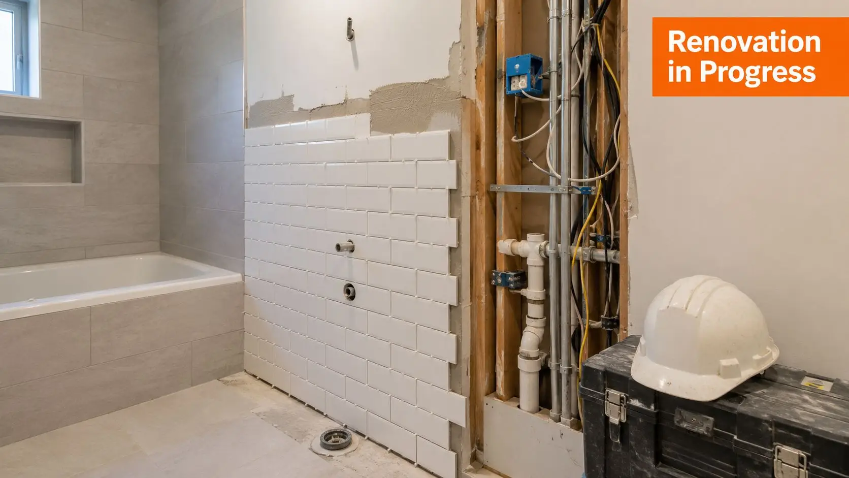 A bathroom interior undergoing renovation with white subway tiles installed on a wall next to exposed plumbing.
