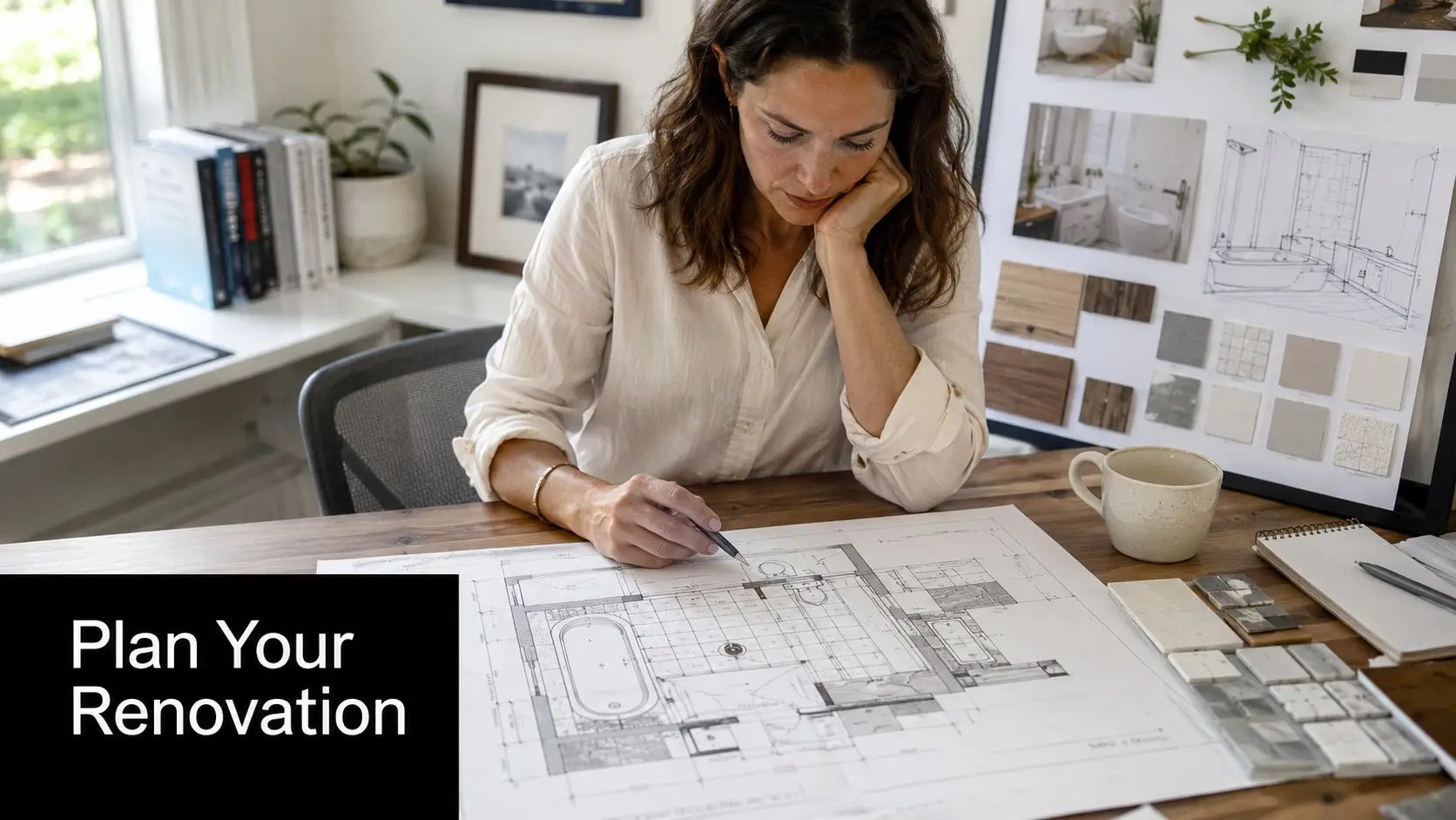 A professional interior designer studies architectural bathroom floor plans while working at her home office desk.