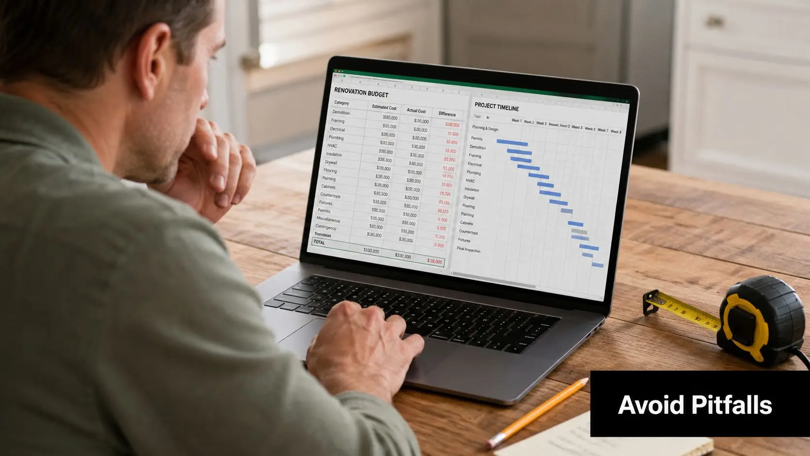 A man working on his laptop reviewing a renovation budget and project timeline for home improvements.