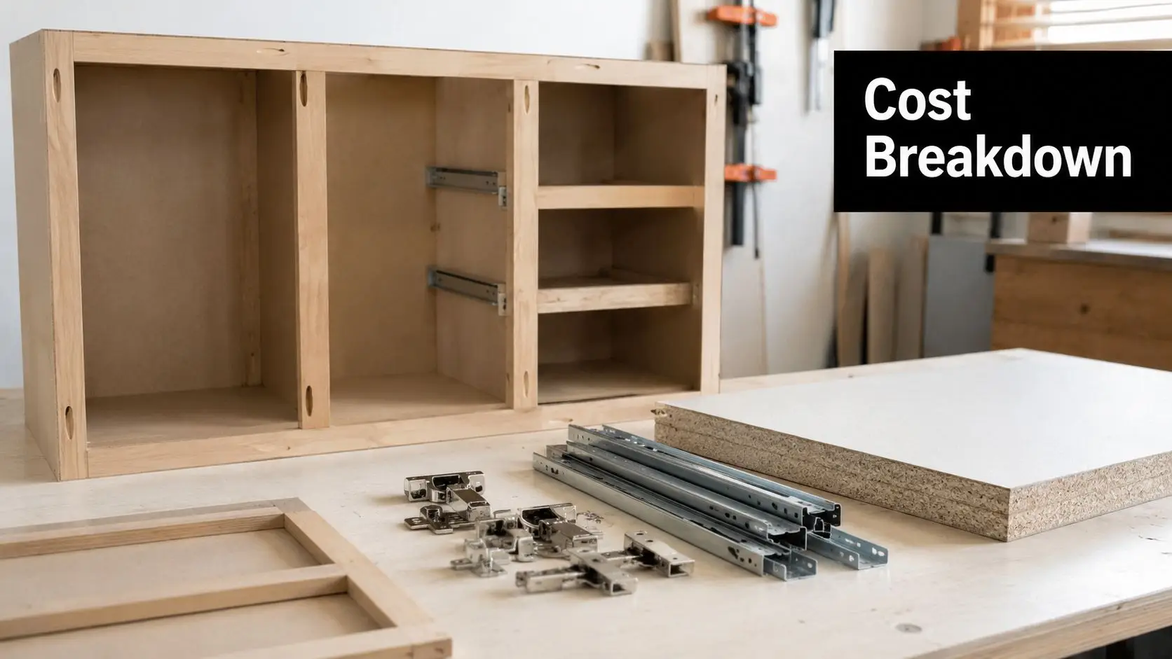 A custom wooden kitchen cabinet frame with hardware and components sitting on a workbench during assembly.