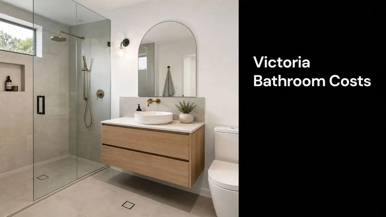 A modern, minimalist bathroom with a floating wood vanity, arched mirror, and glass-enclosed shower area.