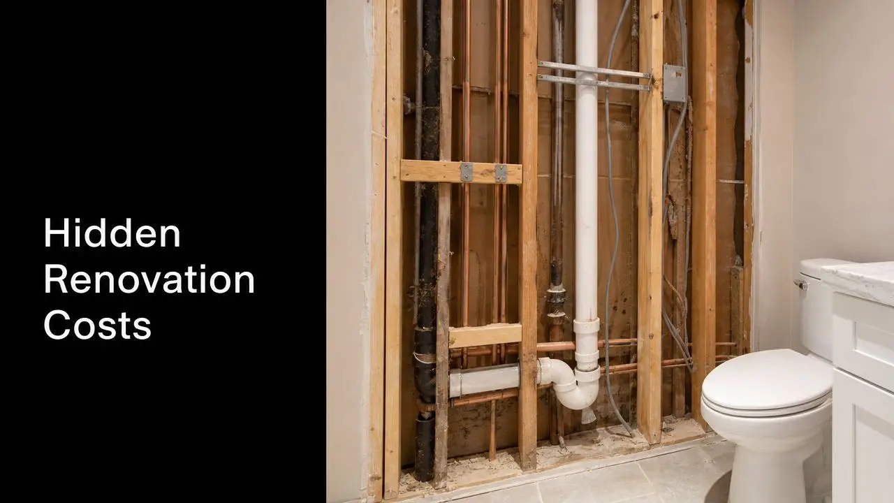 Open wall showing interior plumbing, electrical wiring, and wooden studs during a home bathroom renovation project.