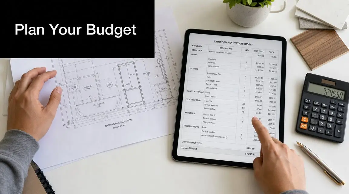 A person reviewing bathroom renovation plans and a digital budget sheet on a tablet with a calculator.